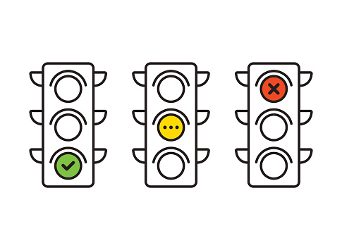 Traffic light interface icons. Red, yellow and green (yes, no and standby). Thin line vector buttons.