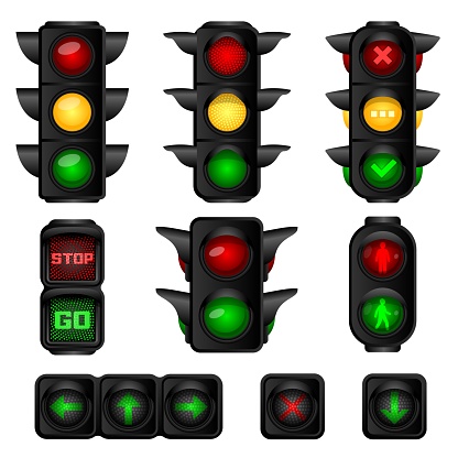 Traffic lights icons set. Cartoon set of traffic lights vector icons for web design
