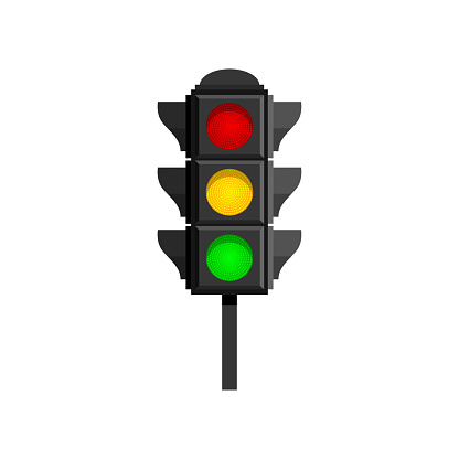 Traffic lights with red, yellow and green lamps on for drivers isolated on white background. Flashing signal with clipping path. Semaphore design. City traffic concept