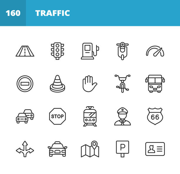 20 Traffic Outline Icons. Road, Traffic, Road Trip, Highway, Traffic Lights, Gas Station, Electric Car, Motor, Scooter, Transportation, Vehicle, Speedometer, Speed, Warning Sign, Stop Sign, Car, Human Hand, Taxi, Tram, Policeman, Direction, Navigation, Location, Map, Parking, Driving License.