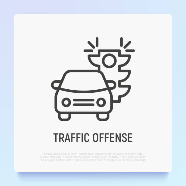 Traffic offence thin line icon: car is riding on red traffic light. Modern vector illustration. vector art illustration