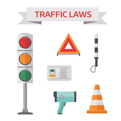 Traffic road police symbols set flat elements isolated vector illustration