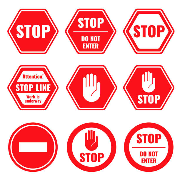 ilustraciones, imágenes clip art, dibujos animados e iconos de stock de señales de parada, restringidas y peligrosas vector aislados de tráfico - stop
