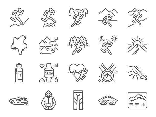 Trail running line icon set. Included icons as runner, sport, healthy, mountain course, marathon and more. Trail running line icon set. Included icons as runner, sport, healthy, mountain course, marathon and more. cross country running stock illustrations