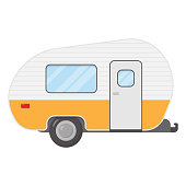 istock Trailer caravan, motorhome, mobile home for country vacation. Side view camping trailers 1309575001