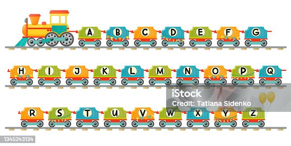 istock Train alphabet for kid in cartoon style. 1345243134