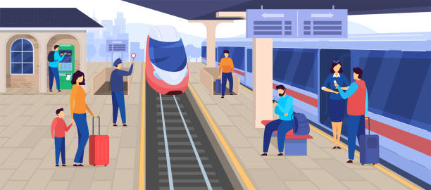 stockillustraties, clipart, cartoons en iconen met de trein komt bij spoorwegpost aan, mensen die op platform, het karakter van de passagiersbeeldverhaal, vectorillustratie wachten - train travel
