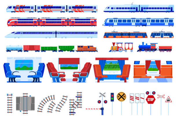 火車鐵路運輸向量圖集,卡通平鐵路旅遊運輸集合孤立在白色。 - 地鐵 鐵路運輸 幅插畫檔、美工圖案、卡通及圖標