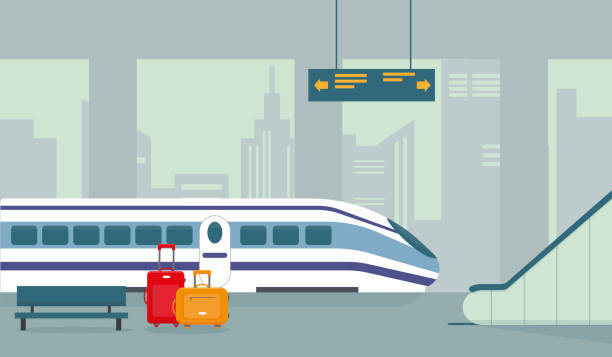 ilustrações, clipart, desenhos animados e ícones de estação de trem, metrô ou interior plataforma subterrânea com trem moderno. ilustração do vetor. - trem