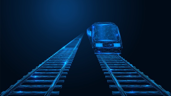A train traveling on rails.