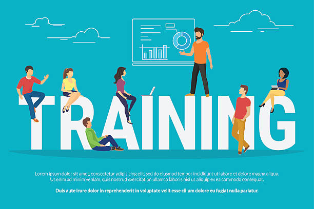 Training concept illustration Training concept illustration of young people attending the professional training with skilled instructor. Flat design of guys and young women sitting on the big letters avatar patterns stock illustrations