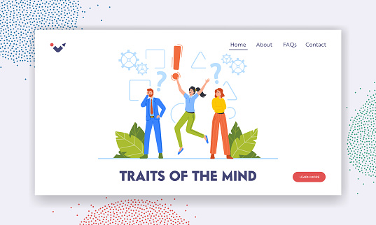 Traits of the Mind Landing Page Template. Business People with Critical Thinking Searching Solution. Characters with Special Psychological Type of Reflection Find Decision. Vector Illustration