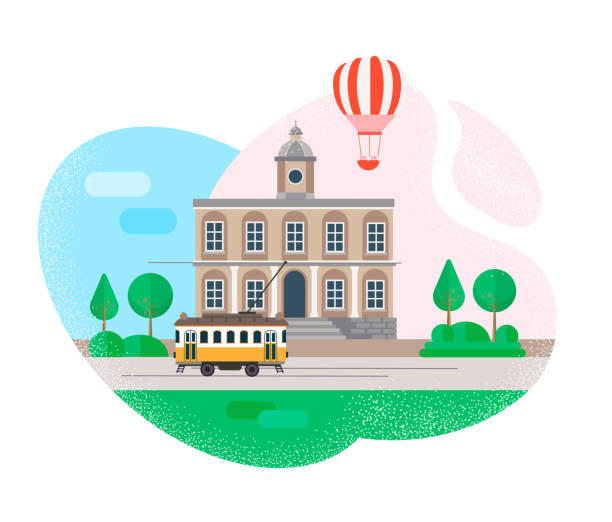 Tram in front of the town hall in the central square of the city, a trip to Europe vector art illustration