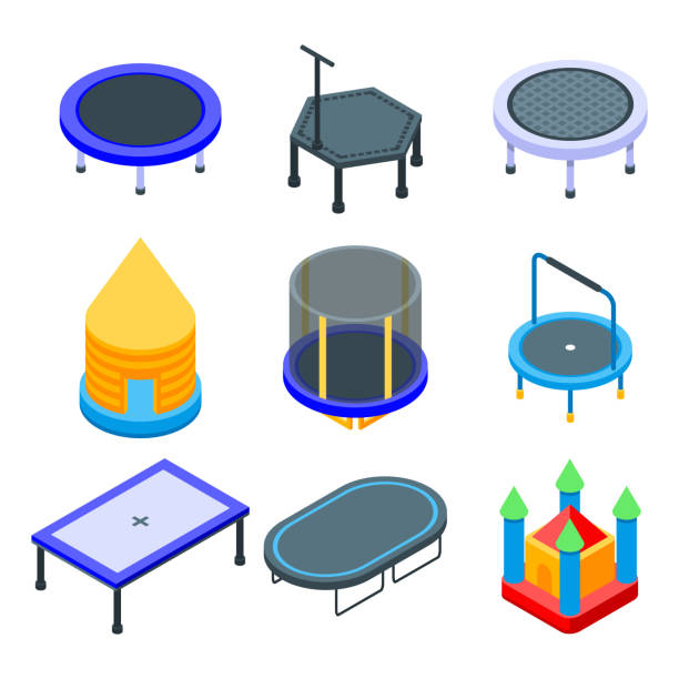 illustrazioni stock, clip art, cartoni animati e icone di tendenza di set icone trampolino, stile isometrico - tappeto elastico