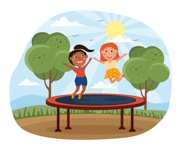 Trampoline jumping concept Two little girls are jumping on a trampoline in summer in park. Flat cartoon vector illustration clip art of kid jumping on trampoline stock illustrations