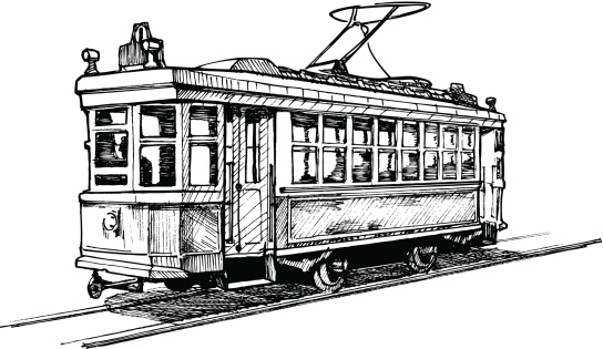 Vector drawing of tram stylized as engraving.