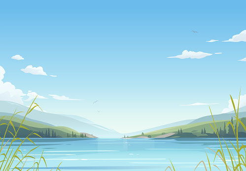 Vector illustration of a beautiful lake under a bright blue sky surrounded by hills, trees and mountains.