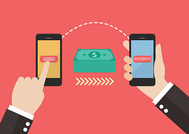 Transfer money by smart phone Transfer money by smart phone. vector illustration buy single word stock illustrations