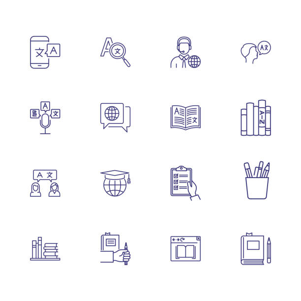 Translation icons. Set of line icons Translation icons. Set of line icons. Dictionary, online translator, language. Linguistics concept. Vector illustration can be used for topics like education, communication, applications linguistics stock illustrations