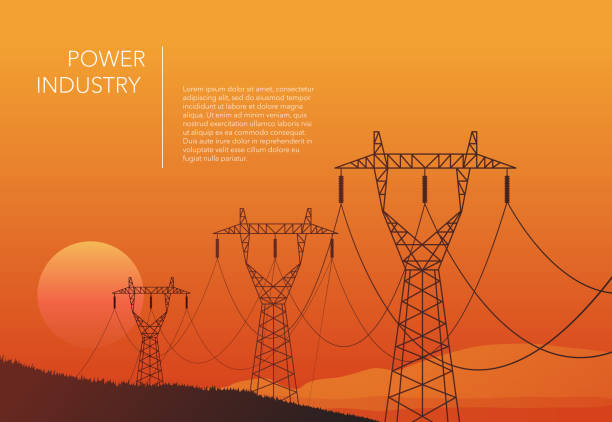 Transmission towers orange landscape background vector Transmission towers orange landscape background vector template communication silhouettes stock illustrations