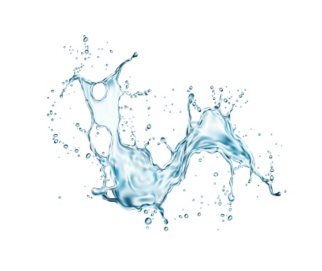 Transparent blue water wave splash with drops. 3d realistic vector. Realistic splatter of clear liquid water, fresh aqua wavy splash with falling droplets drinking water