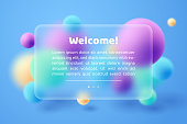 istock Transparent board. Frosted glass banner with abstract colorful 3d ball 1332158004