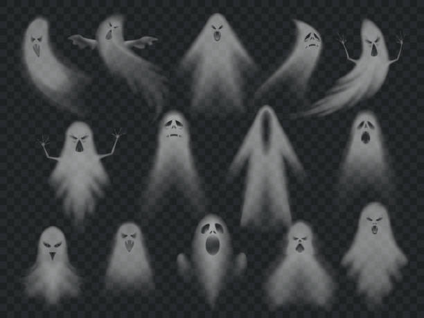 Transparent ghost. Horror spooky ghosts, halloween night ghostly ghoul. Scary phantom vector illustration set Transparent ghost. Horror spooky ghosts, halloween night ghostly ghoul. Scary phantom eerie apparition figure face, soul spirit dead fly demon silhouette vector illustration symbols set ghost stock illustrations