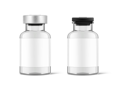 Transparent glass bottles for injections mockup. Vector illustration isolated on white background.