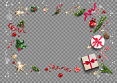 Holiday card with festive card and decorations balls, stars, snowflakes on transparent background. Christmas festive template.