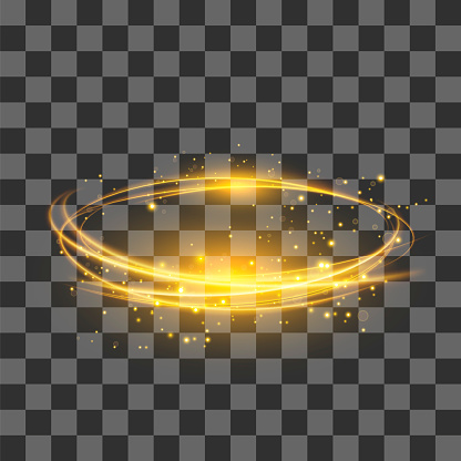 Transparent Light Effect . Yellow Lightning Flafe. Gold Glowing Stars. Ellipse with Circular Lens. Fire Ring Trace