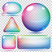 Transparent multicolor glass shapes or buttons various forms. Vector illustrations.