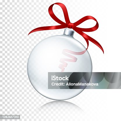 istock Transparent realistic Christmas ball with red ribbon isolated. 1282617310