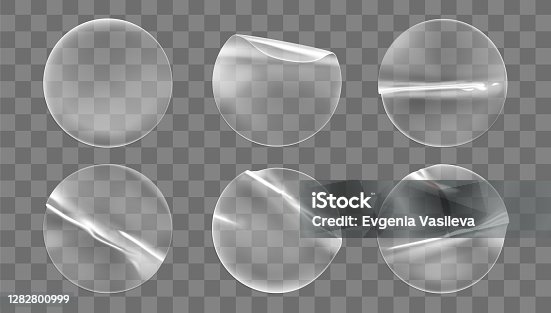 istock Transparent round adhesive stickers mock up set isolated on transparent background. Plastic crumpled round sticky label with glued effect. Template of a label or price tags. 3d realistic vector mockup 1282800999