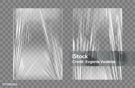 istock Transparent stretch plastic wrap texture set. Realistic polyethylene wrapping stretch film background. Vector transparent cellophane package mockup 1271282263