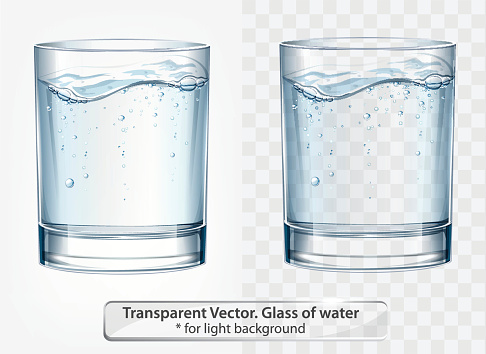Transparent vector glass of water with fizz on light background