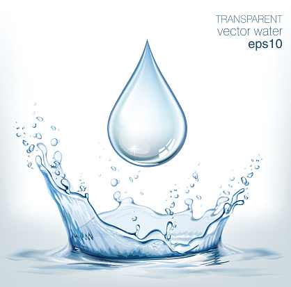 Transparent vector water splash and water drop on light background