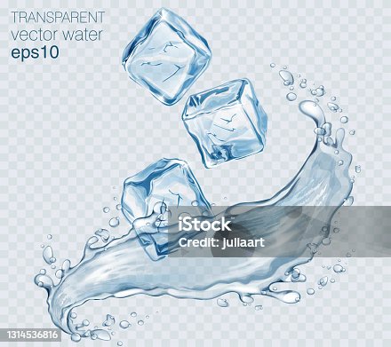 istock Transparent vector water splash with ice cubes and wave on light background 1314536816