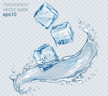 Transparent vector water splash with ice cubes and wave on light background