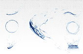 Transparent water wave with bubbles. Vector illustration in light blue colours. Purity and freshness concept. Website abstract water background banner or header set. Blue water splash isolated on transparent background. blue realistic aqua spray with drops. 3d illustration. semitransparent liquid surface backdrop created with gradient mesh tool. Spray with drops isolated. Aqua splashing surface background.