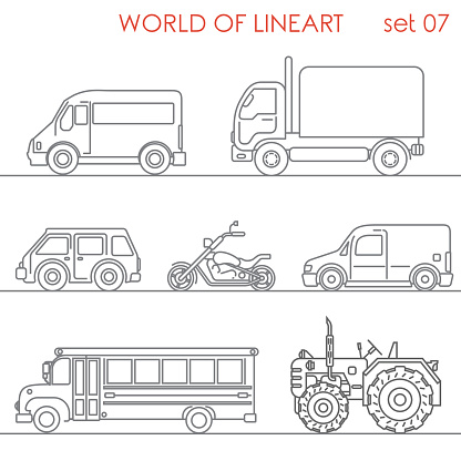 Transport aerial road moto tractor school bus graphical lineart hipster set. Line art collection.