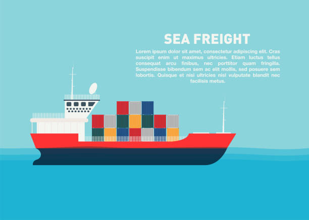 輸送コンテナー貨物海船。海輸送物流、海上輸送。テキストのためのスペース - 貨物船点のイラスト素材／クリップアート素材／マンガ素材／アイコン素材