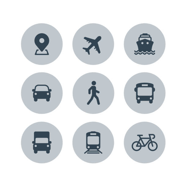 전송 아이콘입니다. 비행기, 공공 버스, 기차, 선박 / 페리, 자동차, 도보 사람, 자전거, 트럭 및 자동 표지판. 배송 기호입니다. 항공 우편 배달 기호입니다. 벡터 - 버스 stock illustrations