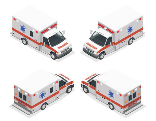 taşıma izometrik ambulans izole van vektör çizim ayarlayın. acil tıbbi tahliye kaza. kaza ambulans yardım hizmetleri klinik acil bölümü infographics, afiş, web için - ambulance stock illustrations