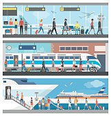 Transportation and travel banner set: business people and tourists at the airport, at the railway station and boarding on a luxury cruise ship