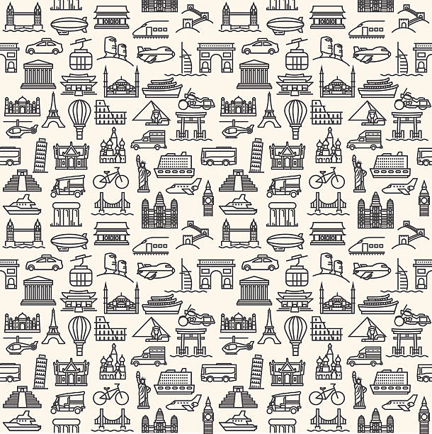 Transportation and Vehicles icons Seamless vector Wallpapers or background travel, vacation, famous places Transportation and Vehicles icons international landmark stock illustrations