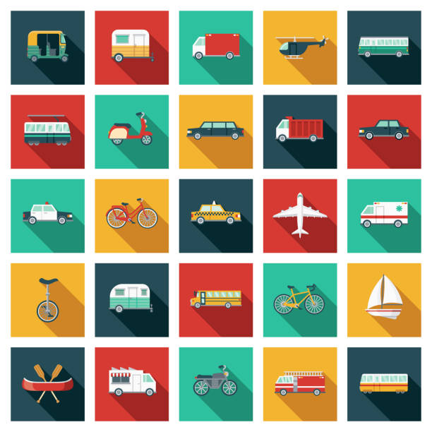Transportation Icon Set A set of square flat design icons with a long side shadow. File is built in the CMYK color space for optimal printing. Color swatches are global so it’s easy to edit and change the colors. car clipart stock illustrations
