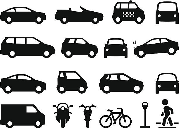 Transportation Icons - Black Series Illustration of cars, automobiles and motorcycles. Also includes taxi, bicycle, pedestrian and parking meter. Vector icons for video, mobile apps, Web sites and print projects. See more in this series. car clipart stock illustrations