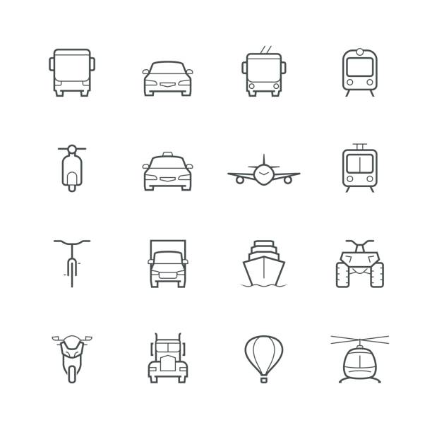 Transportation icons in thin line style, front view Transportation icons in thin line style, front view traffic symbols stock illustrations