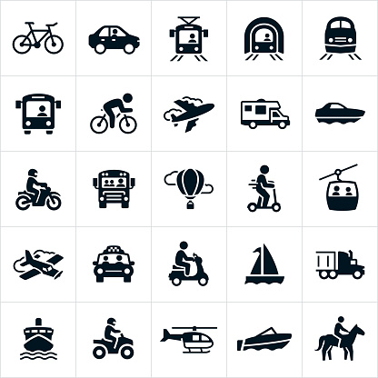 A set of different modes of transportation. The modes of transportation include a bicycle, car, light rail, subway, train, bus, airplane, motorhome, yacht, boat, motorcycle, school-bus, hot air balloon, scooter, motor scooter, gondola, taxi, motorized scooter, sailboat, semi truck, cruise ship, four wheeler, helicopter and horse.