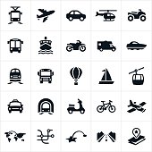 Icons showing different methods of transportation. The icons include a car, airplane, helicopter, ATV, light rail, bus, train, taxi, cruise ship, motorcycle, motorhome, boat, school bus, hot air balloon, sail boat, gondola, subway, scooter and bicycle.